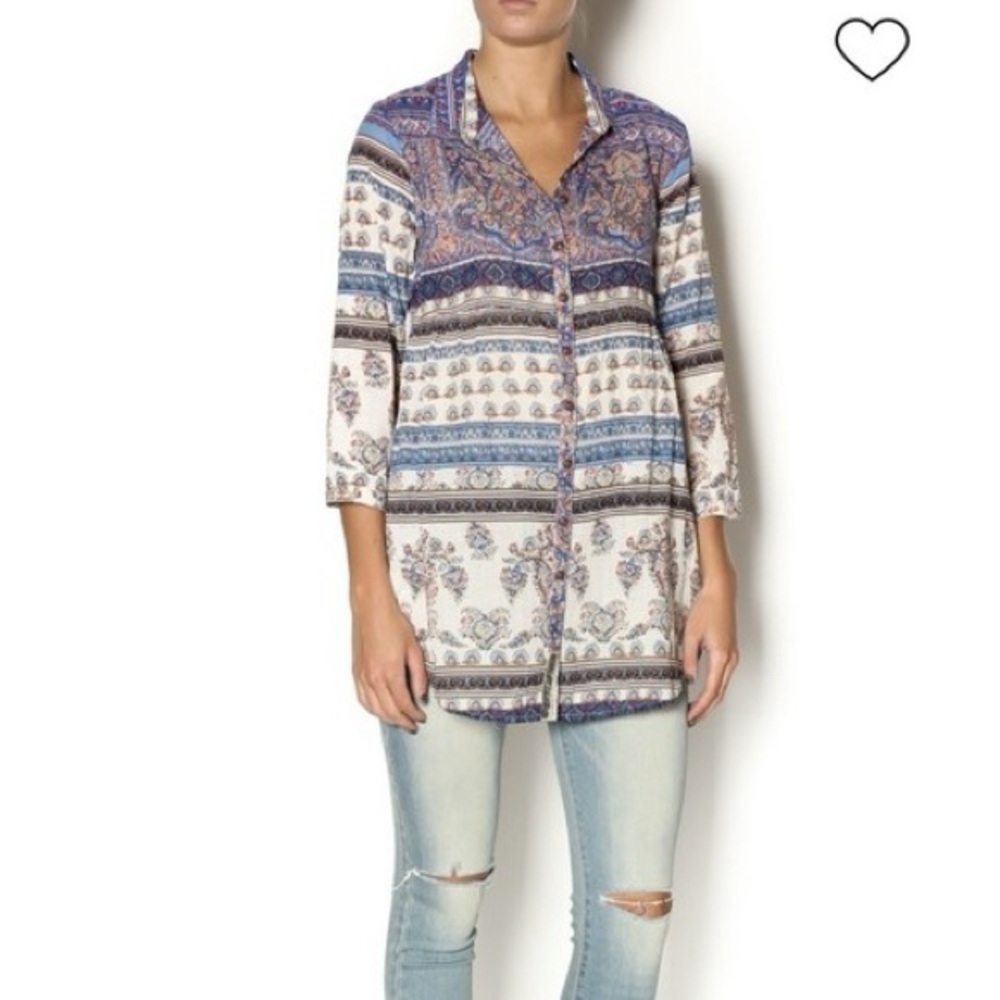 Aratta Silent Journey Blue, Red, Beige Boho Floral Beach Tunic Shirt Sz Sm